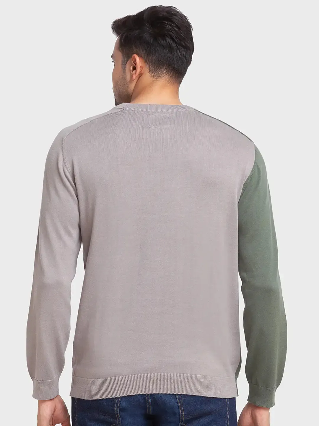 Men Green Tailored Fit Jacquard Cotton Full Sleeve Round Collar Sweaters