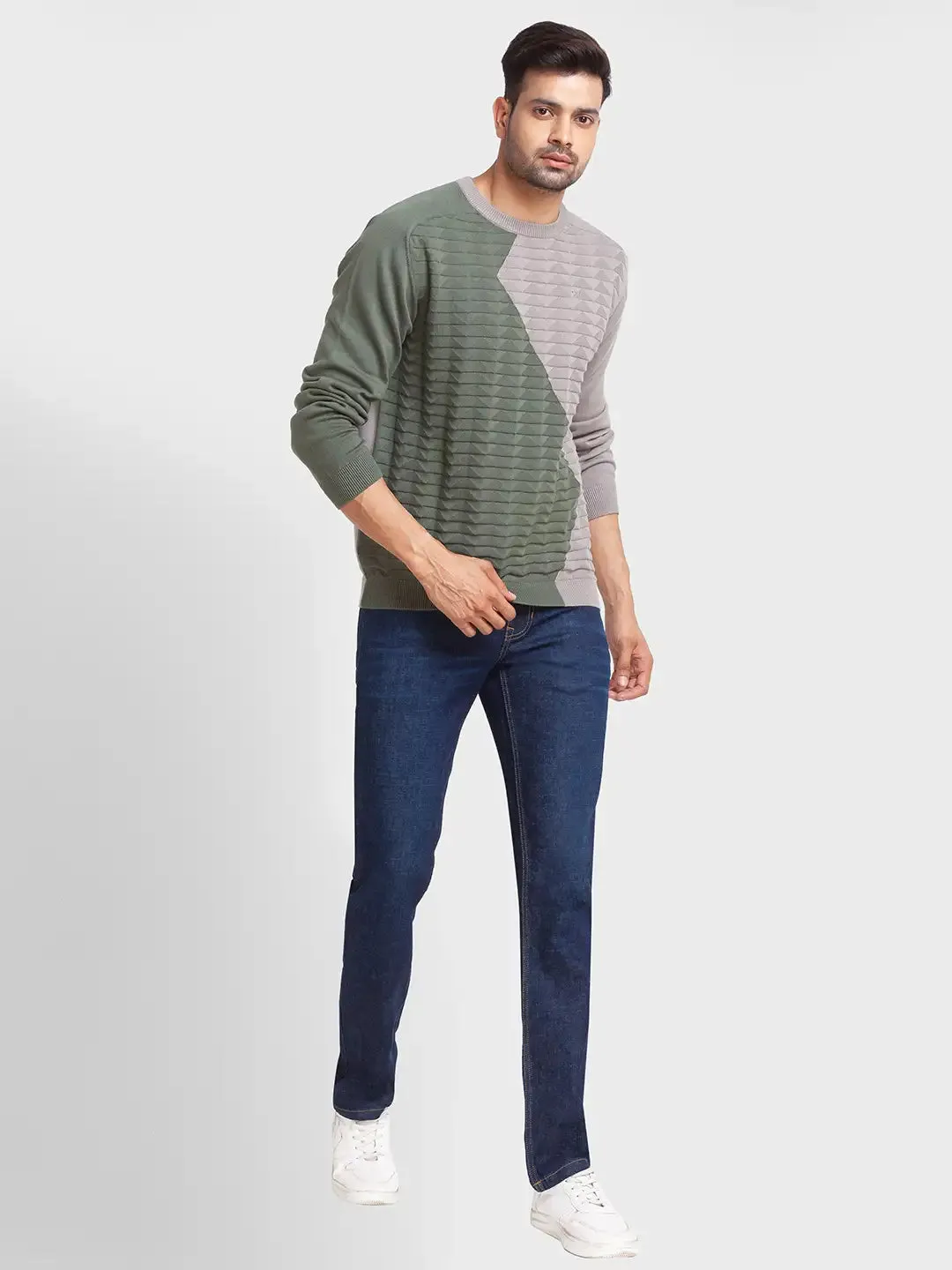 Men Green Tailored Fit Jacquard Cotton Full Sleeve Round Collar Sweaters