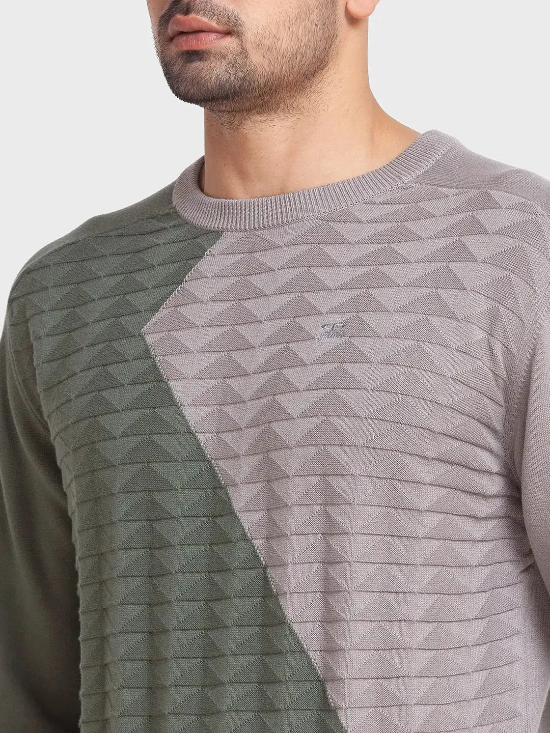 Men Green Tailored Fit Jacquard Cotton Full Sleeve Round Collar Sweaters