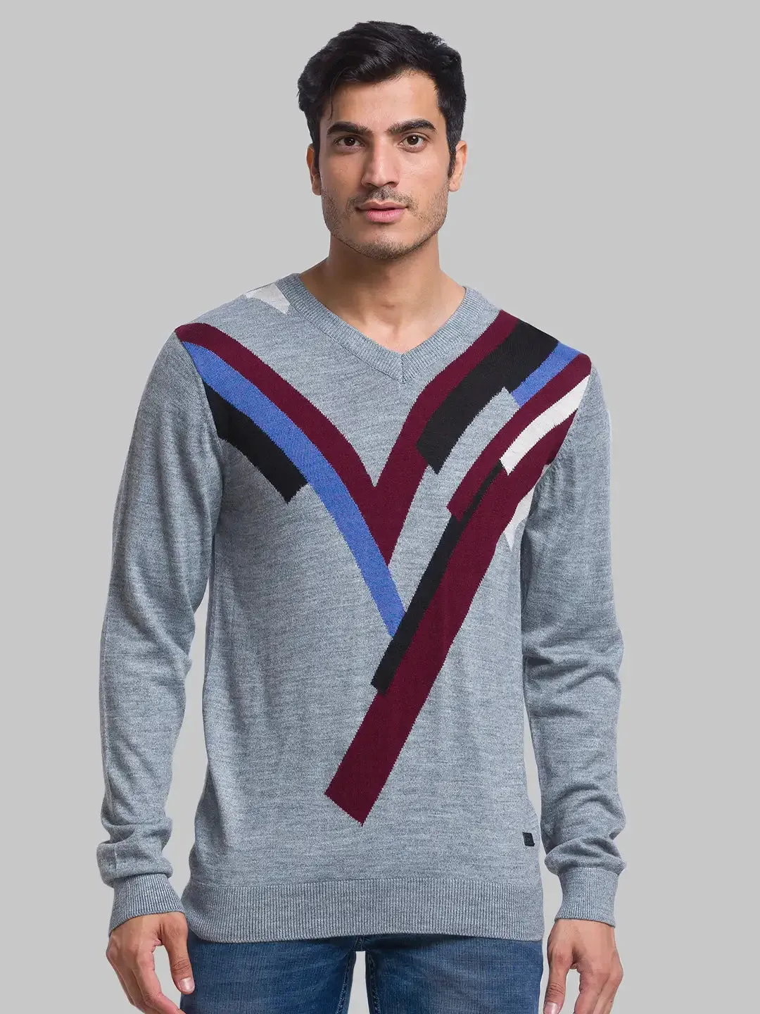 Men Grey Intarsia Acrylic Blend Full Sleeve Sweaters