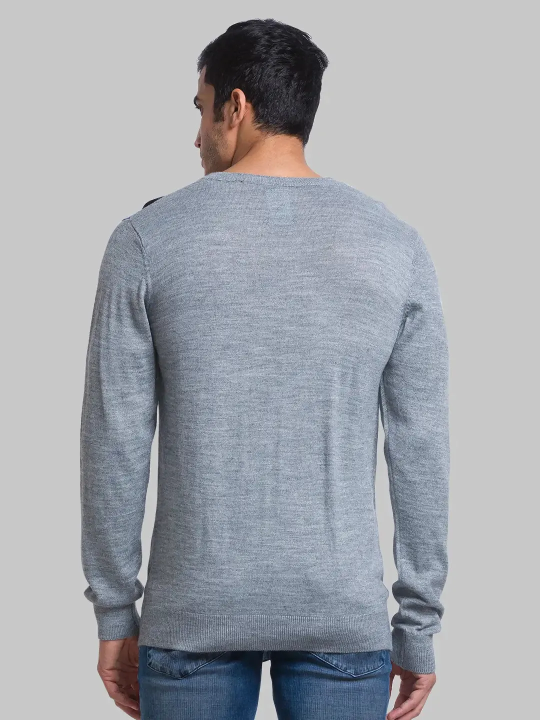 Men Grey Intarsia Acrylic Blend Full Sleeve Sweaters