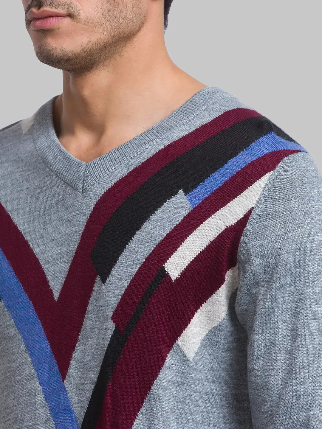Men Grey Intarsia Acrylic Blend Full Sleeve Sweaters
