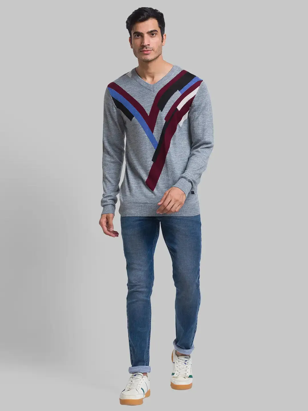 Men Grey Intarsia Acrylic Blend Full Sleeve Sweaters