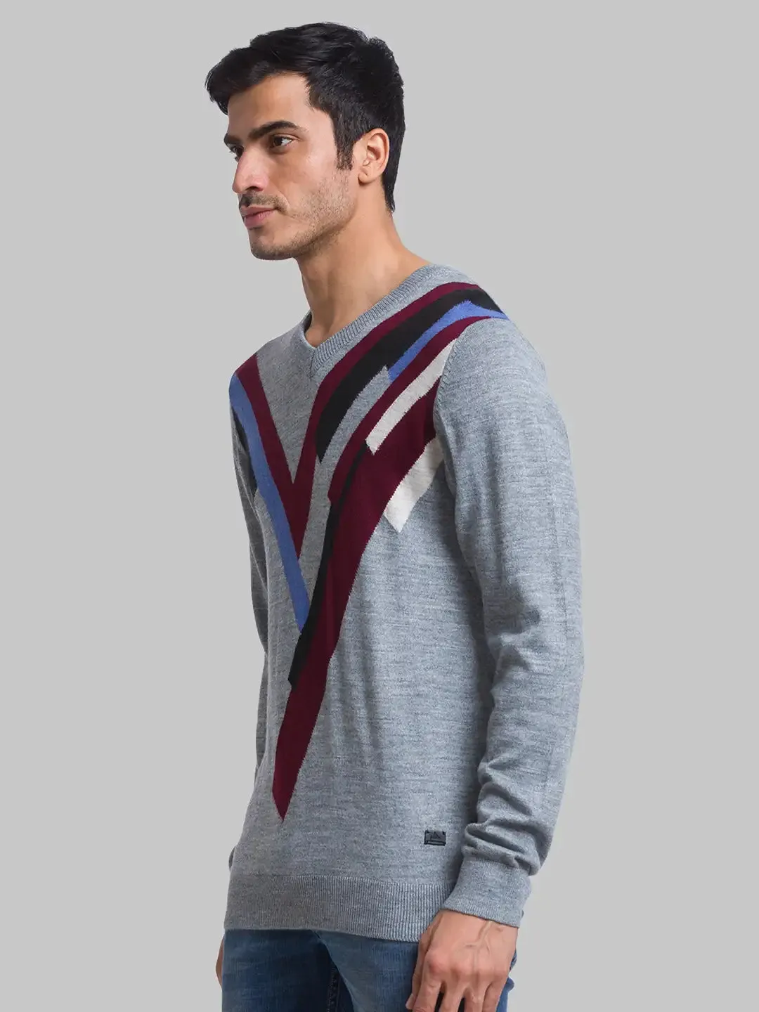 Men Grey Intarsia Acrylic Blend Full Sleeve Sweaters