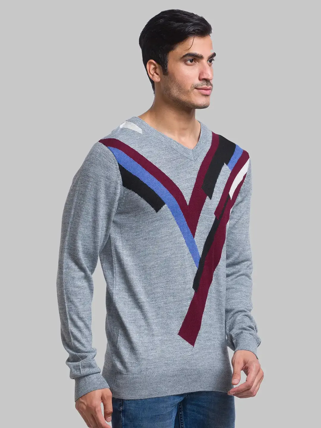 Men Grey Intarsia Acrylic Blend Full Sleeve Sweaters