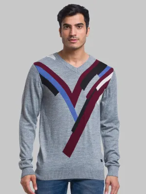 Men Grey Intarsia Acrylic Blend Full Sleeve Sweaters