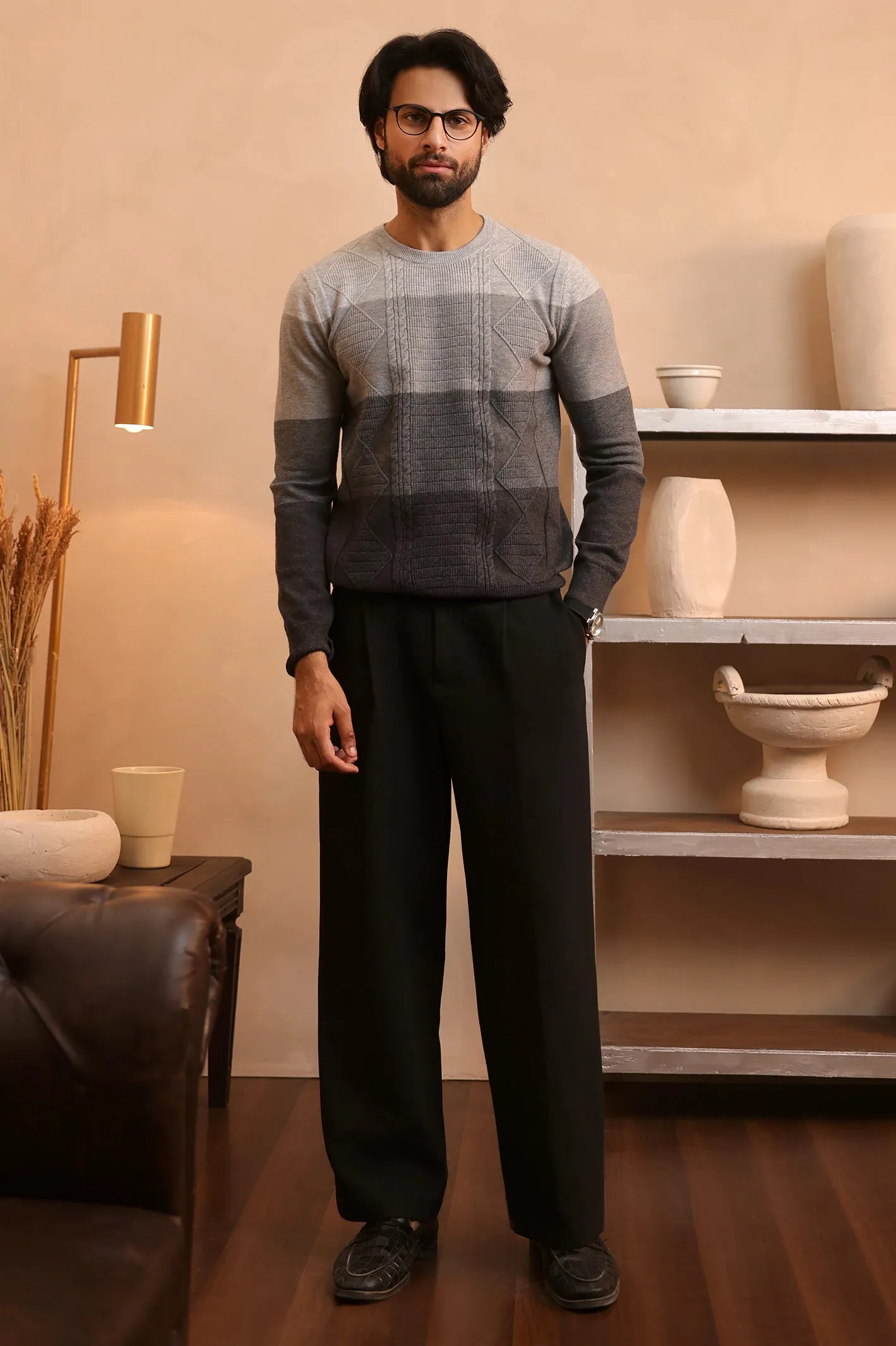 Men Grey Round Neck Sweater