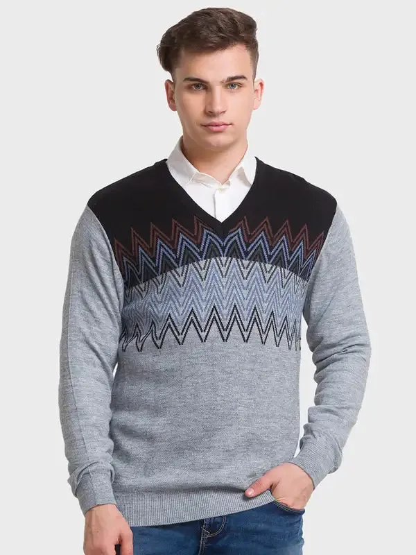Men Grey Tailored Fit Jacquard Acrylic Merino Blend Full Sleeve V Neck Collar Sweaters