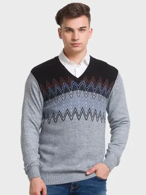 Men Grey Tailored Fit Jacquard Acrylic Merino Blend Full Sleeve V Neck Collar Sweaters