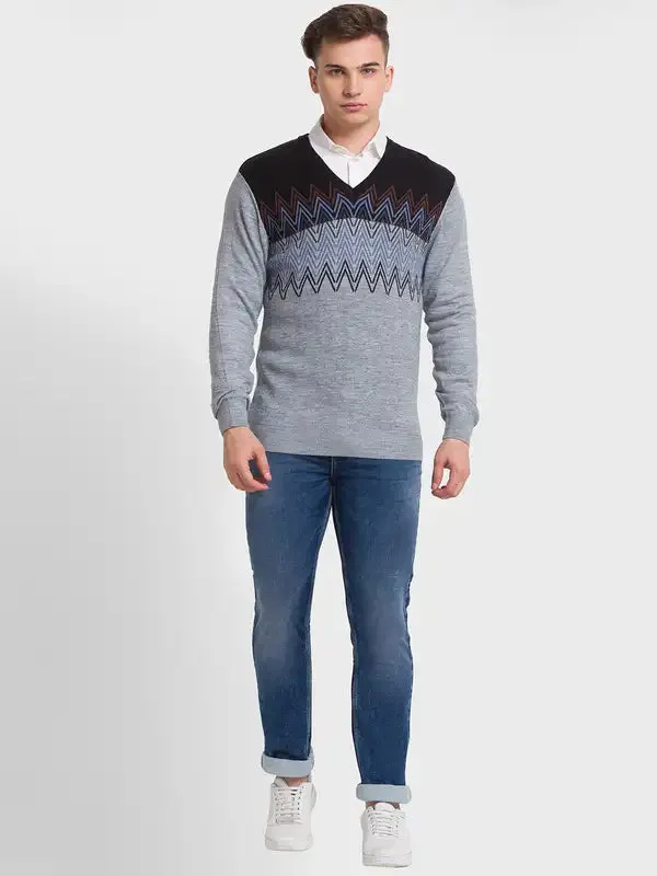 Men Grey Tailored Fit Jacquard Acrylic Merino Blend Full Sleeve V Neck Collar Sweaters