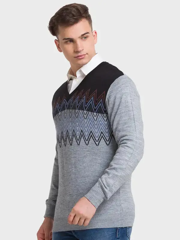 Men Grey Tailored Fit Jacquard Acrylic Merino Blend Full Sleeve V Neck Collar Sweaters