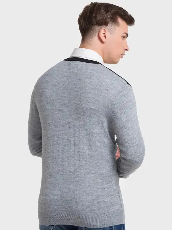 Men Grey Tailored Fit Jacquard Acrylic Merino Blend Full Sleeve V Neck Collar Sweaters