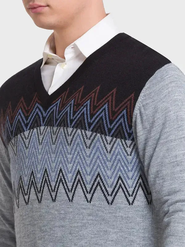 Men Grey Tailored Fit Jacquard Acrylic Merino Blend Full Sleeve V Neck Collar Sweaters