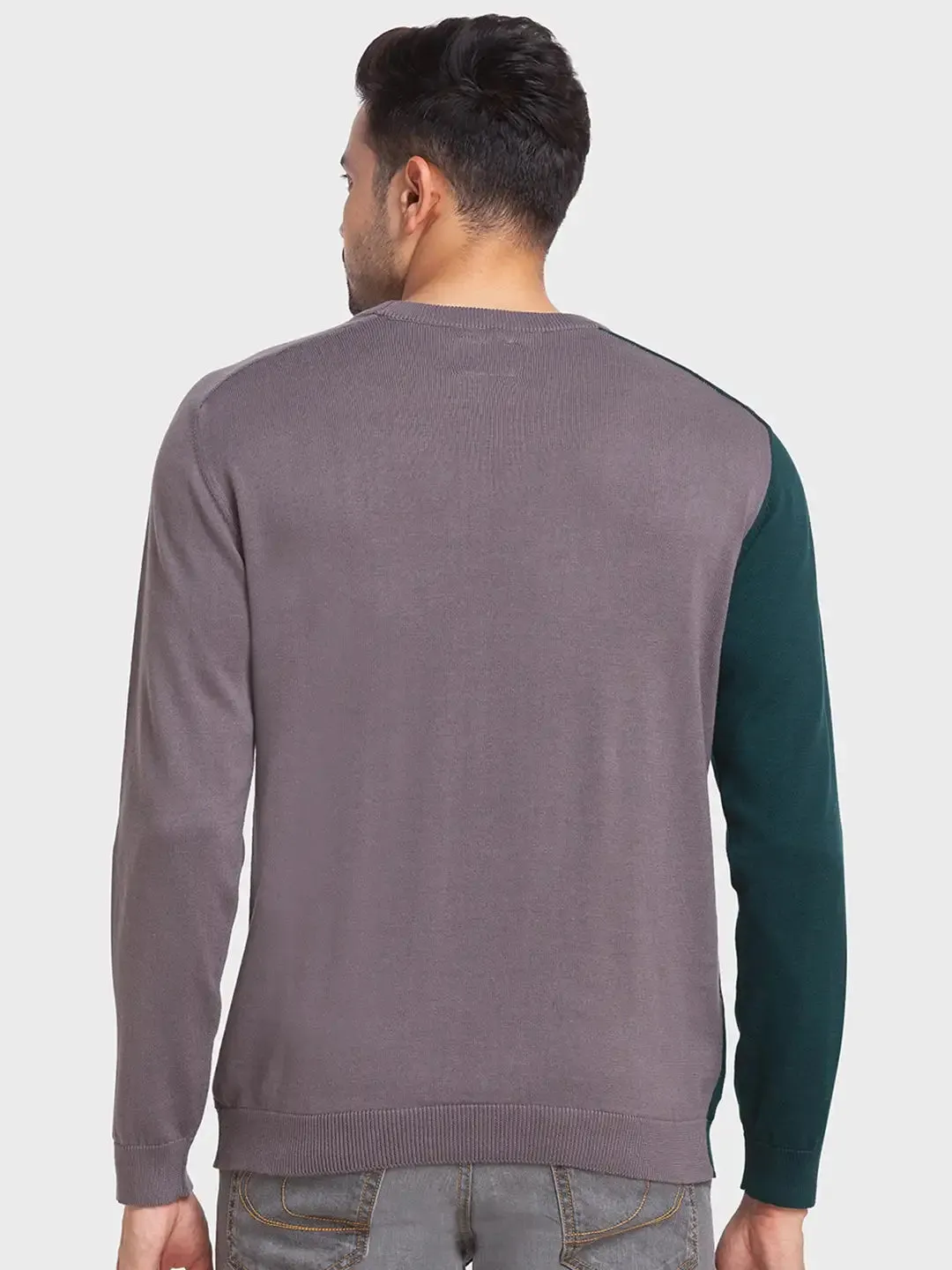 Men Grey Tailored Fit Jacquard Cotton Full Sleeve Round Collar Sweaters