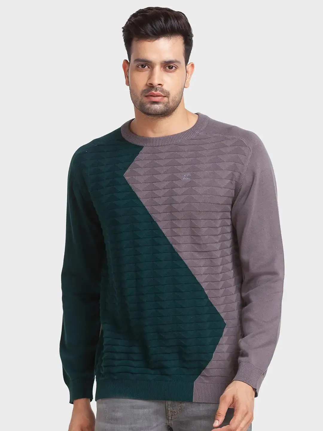 Men Grey Tailored Fit Jacquard Cotton Full Sleeve Round Collar Sweaters