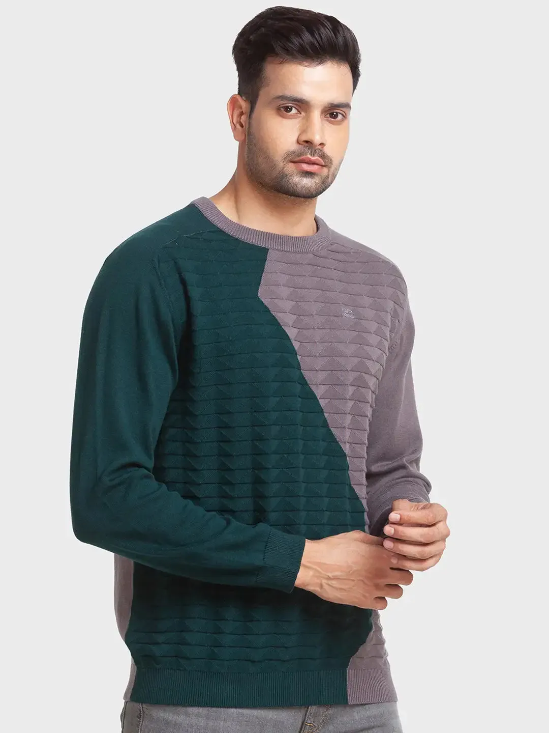 Men Grey Tailored Fit Jacquard Cotton Full Sleeve Round Collar Sweaters