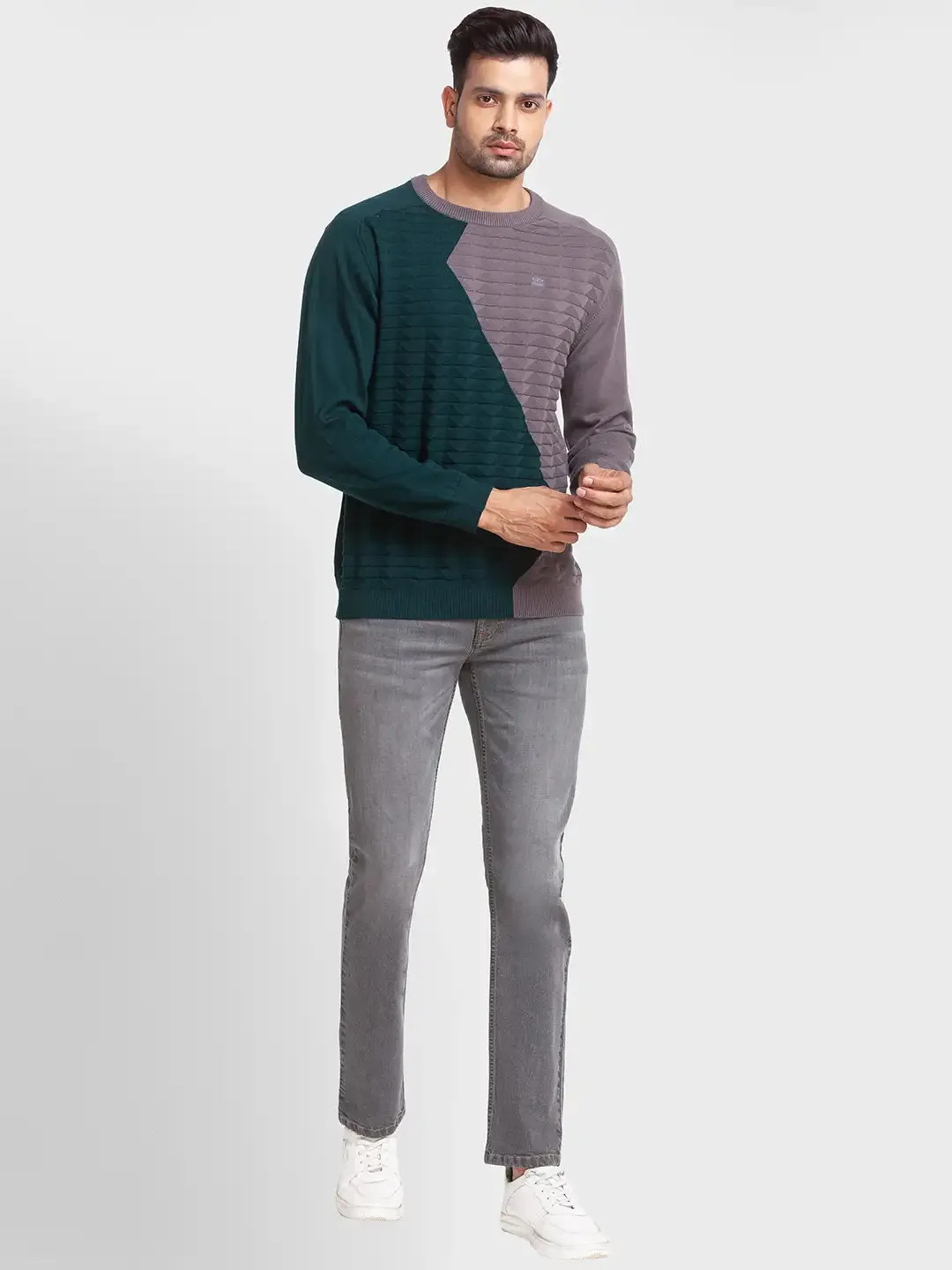 Men Grey Tailored Fit Jacquard Cotton Full Sleeve Round Collar Sweaters