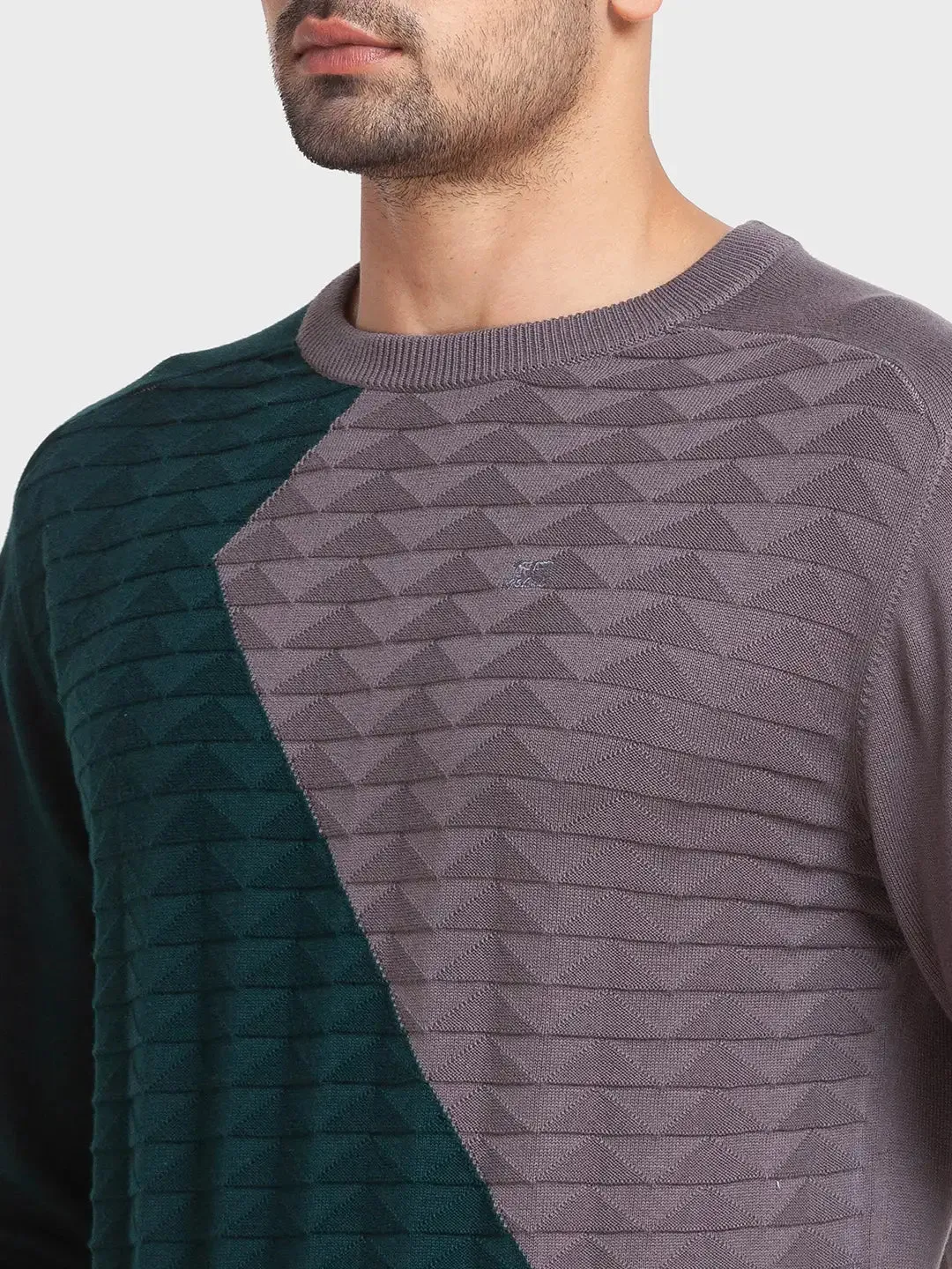 Men Grey Tailored Fit Jacquard Cotton Full Sleeve Round Collar Sweaters
