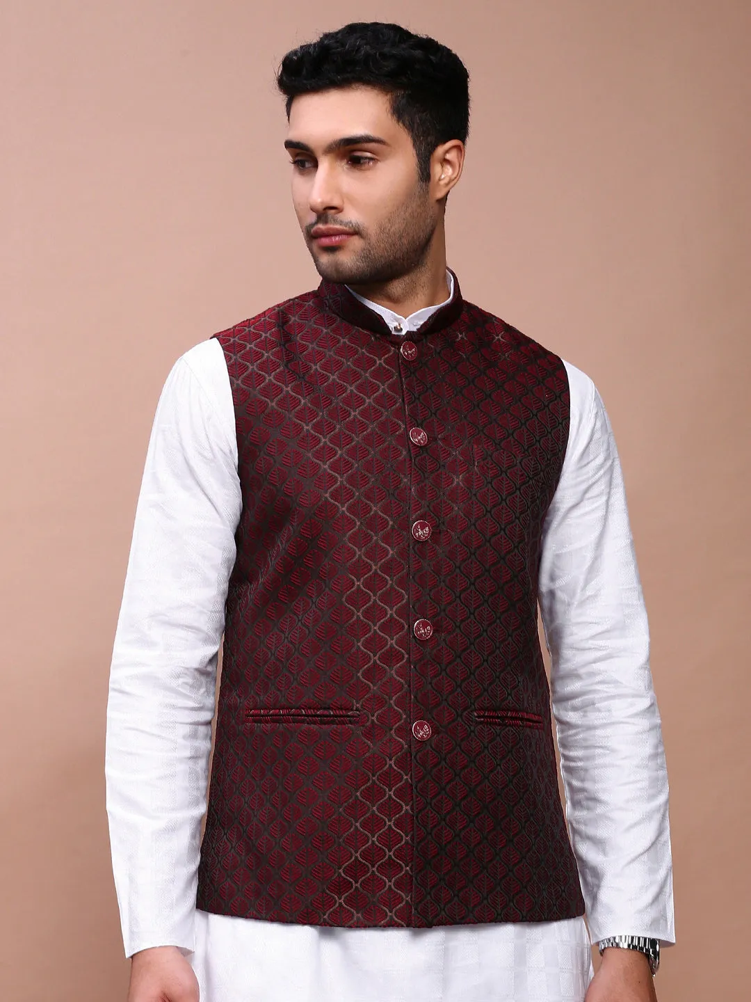 Men Maroon Woven Design Slim Fit Nehru Jackets