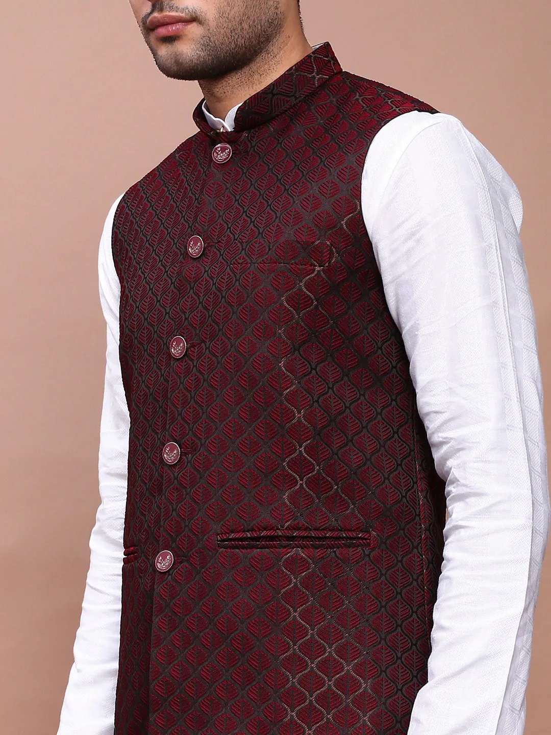 Men Maroon Woven Design Slim Fit Nehru Jackets