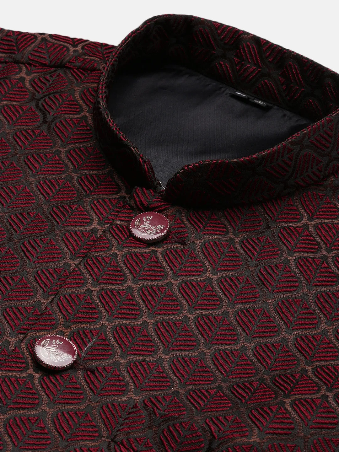 Men Maroon Woven Design Slim Fit Nehru Jackets