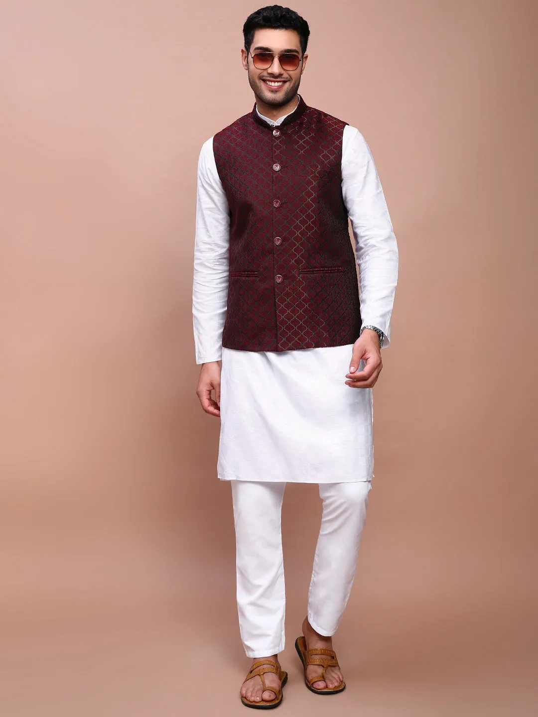 Men Maroon Woven Design Slim Fit Nehru Jackets