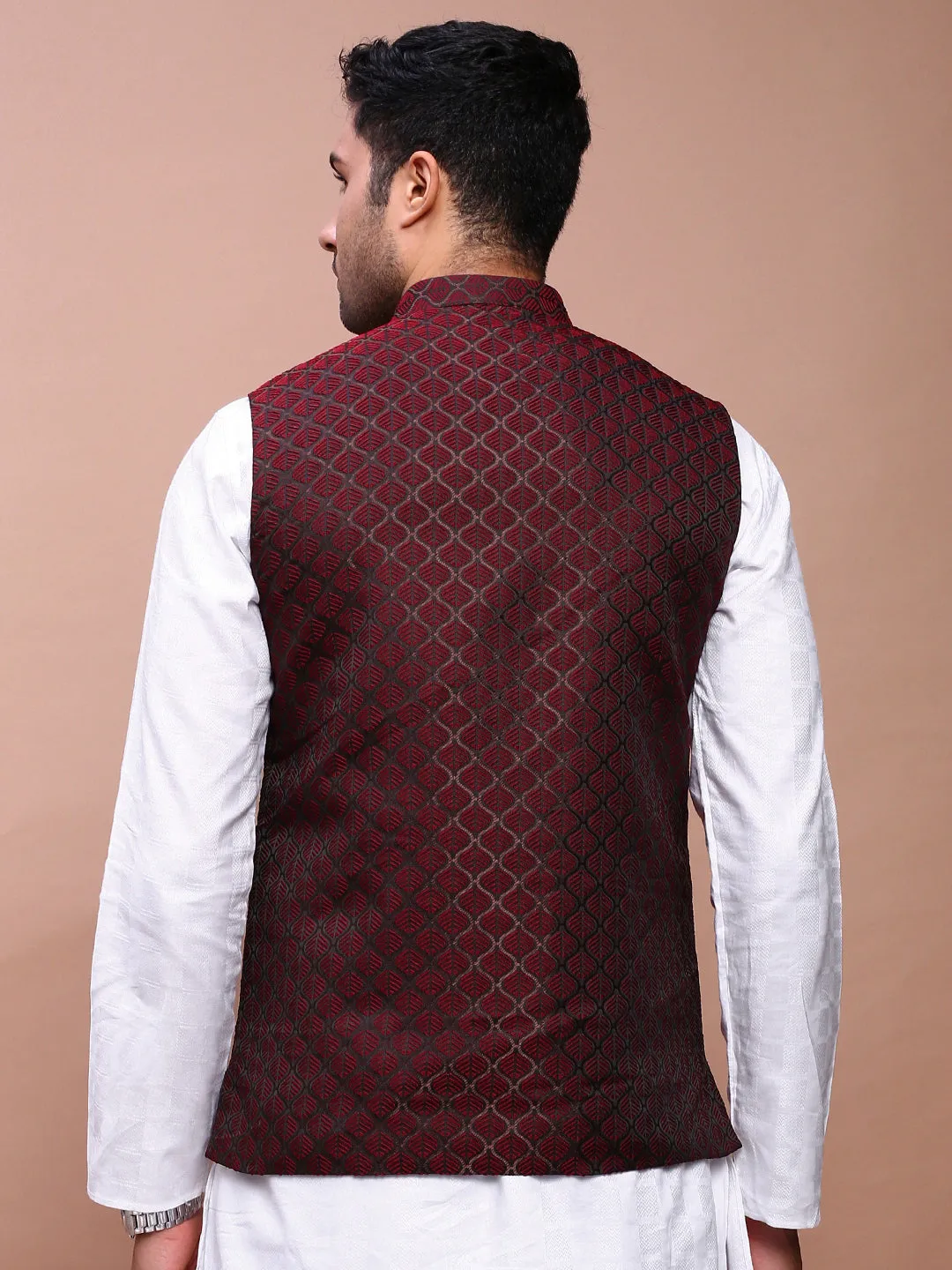 Men Maroon Woven Design Slim Fit Nehru Jackets