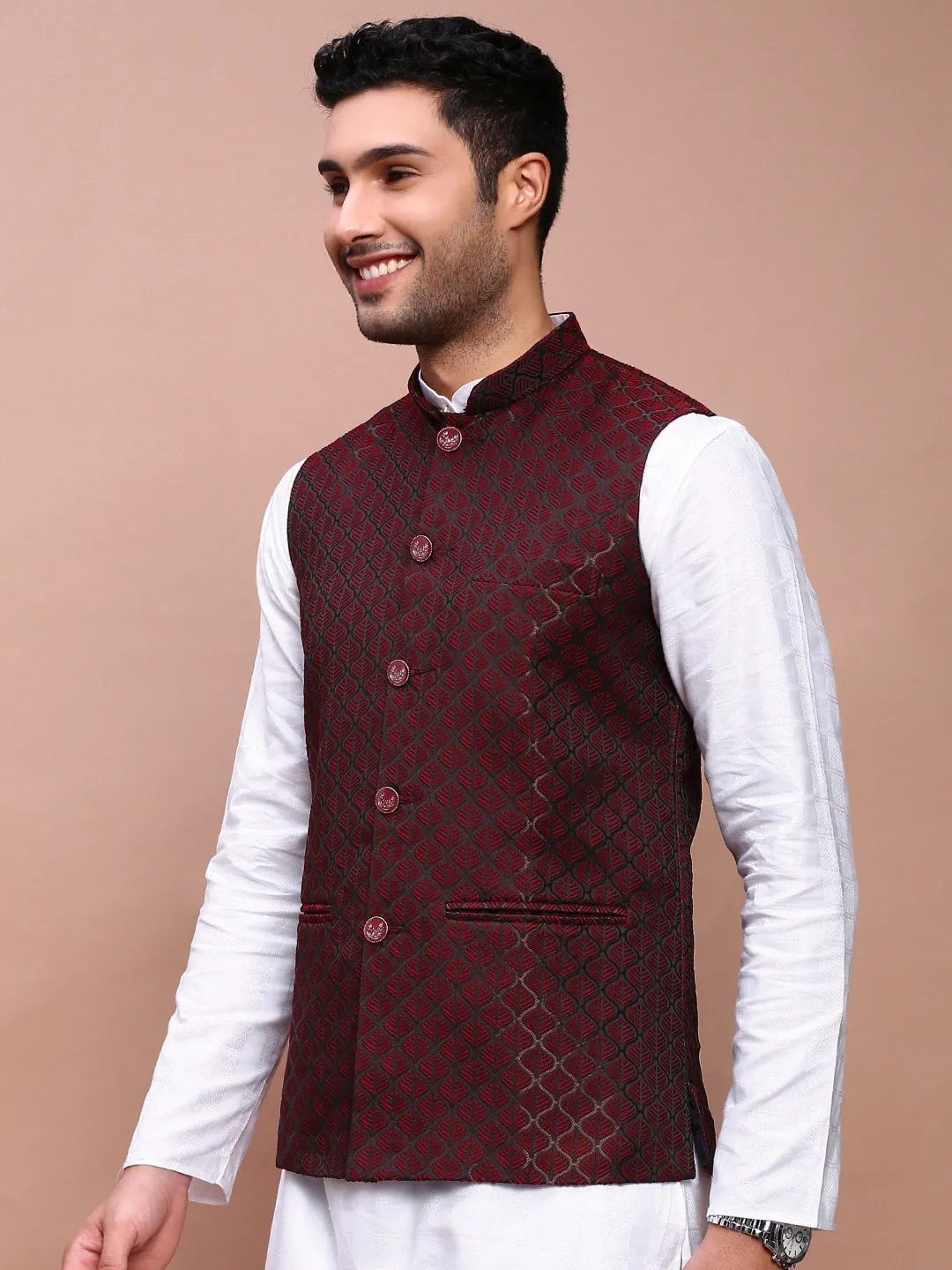 Men Maroon Woven Design Slim Fit Nehru Jackets
