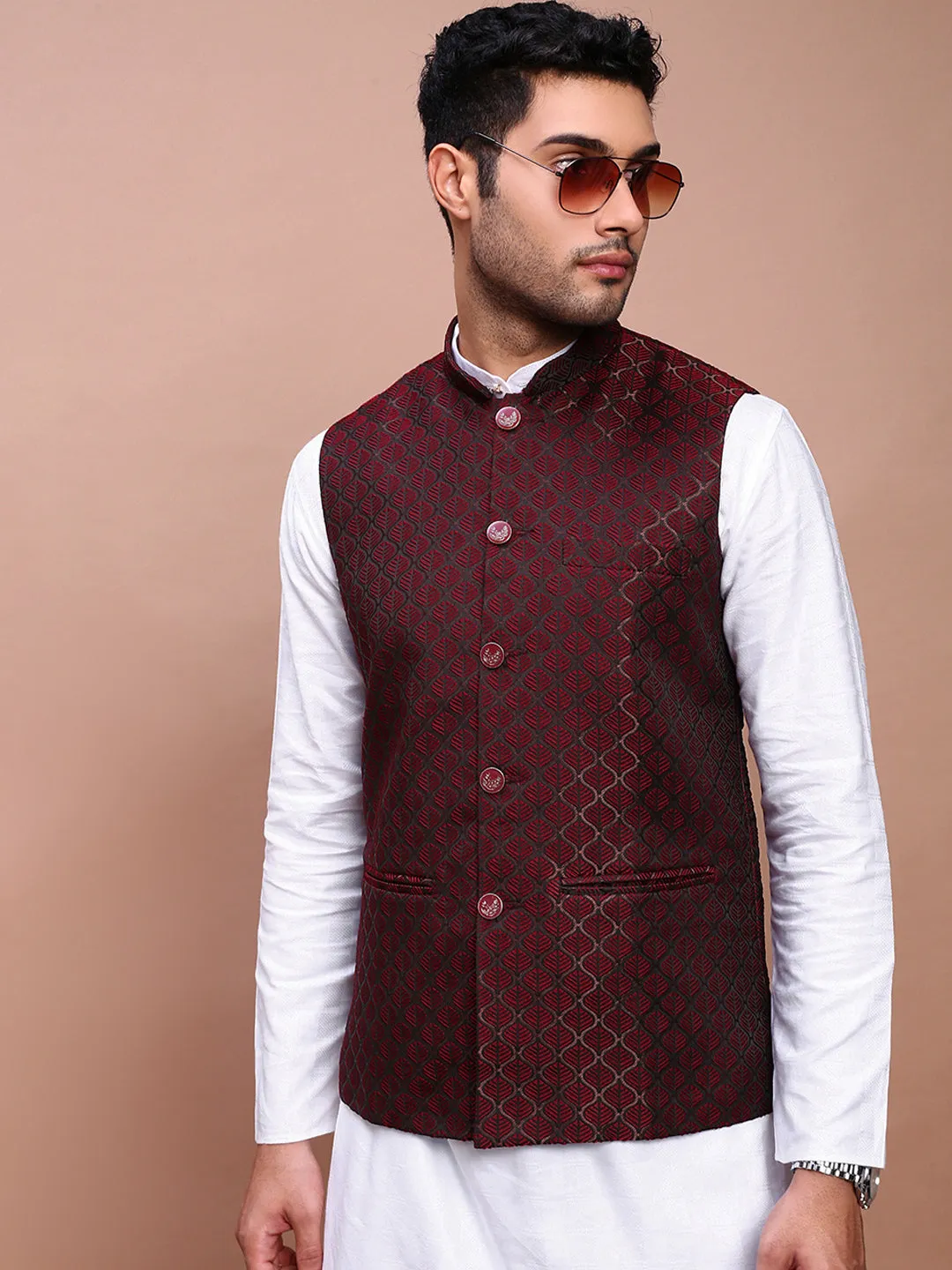 Men Maroon Woven Design Slim Fit Nehru Jackets