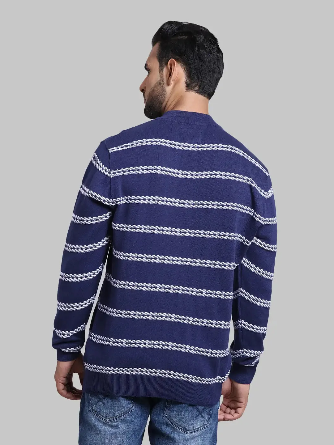 Men Navy Tailored Fit Structure Cotton Full Sleeve Henley Neck Collar Sweaters