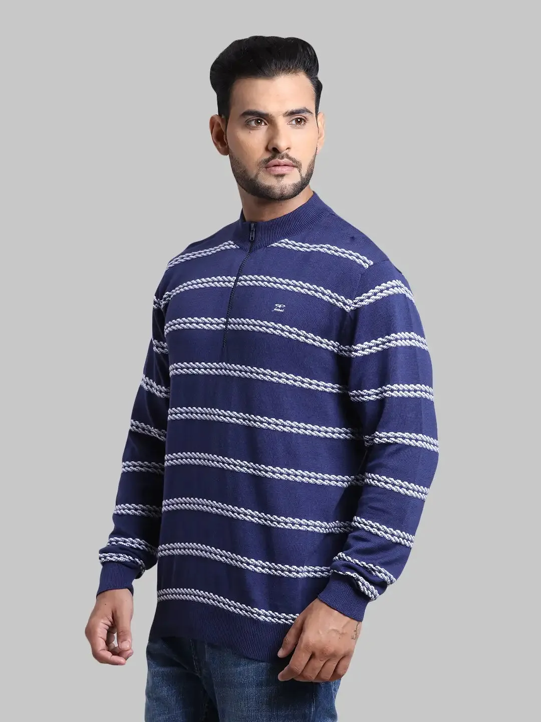Men Navy Tailored Fit Structure Cotton Full Sleeve Henley Neck Collar Sweaters