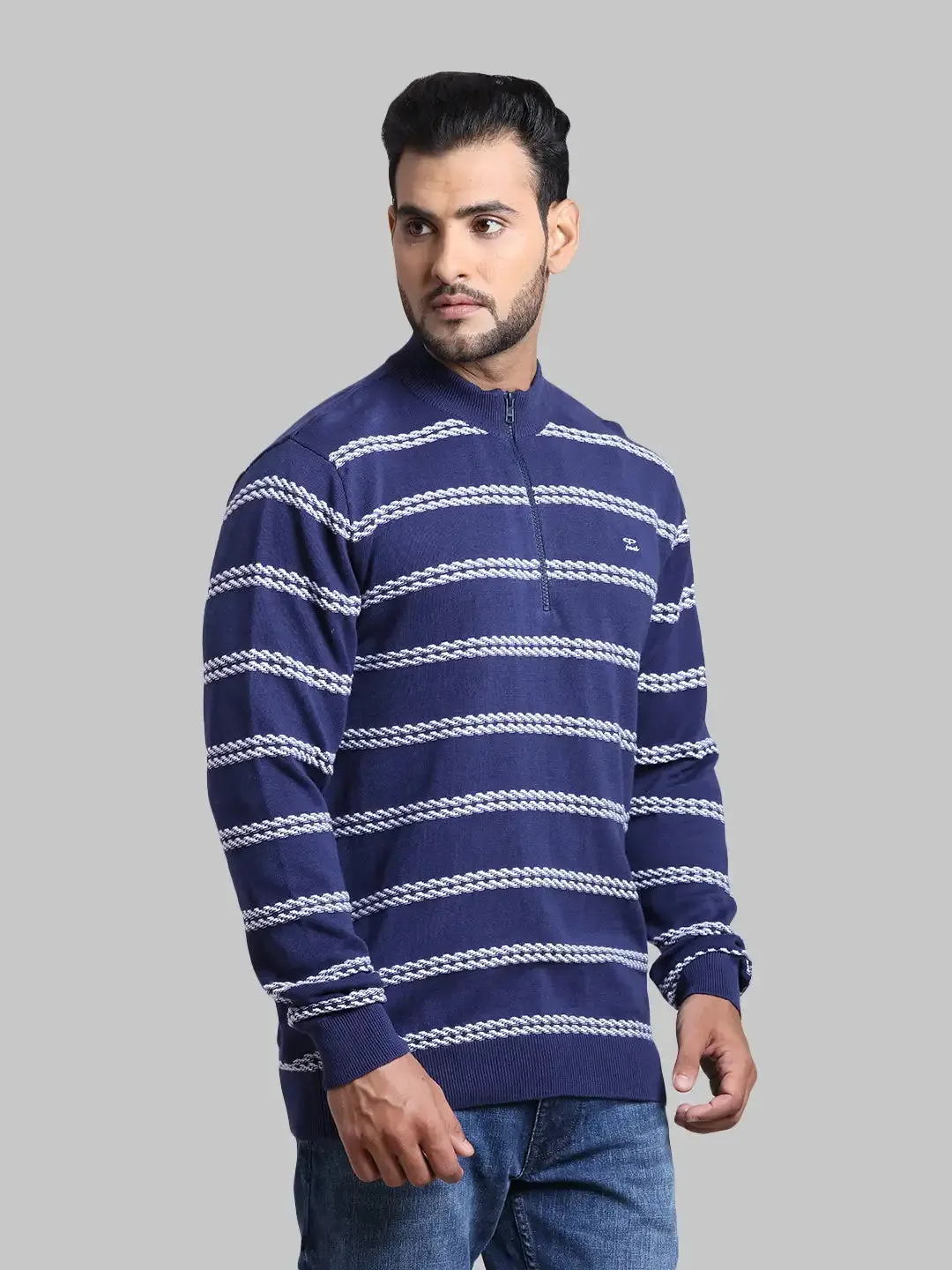 Men Navy Tailored Fit Structure Cotton Full Sleeve Henley Neck Collar Sweaters
