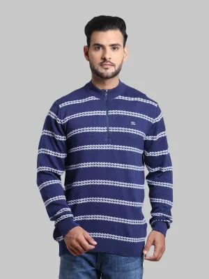 Men Navy Tailored Fit Structure Cotton Full Sleeve Henley Neck Collar Sweaters