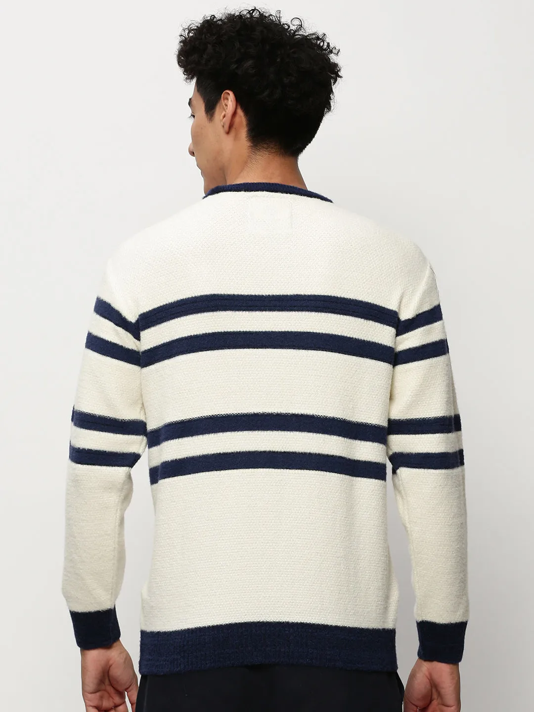 Men Off White Striped Acrylic Pullover