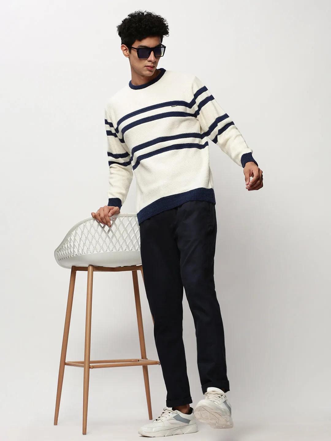 Men Off White Striped Acrylic Pullover