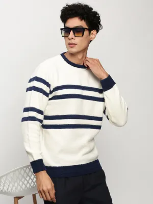 Men Off White Striped Acrylic Pullover