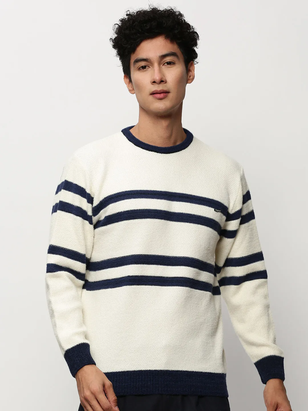 Men Off White Striped Acrylic Pullover