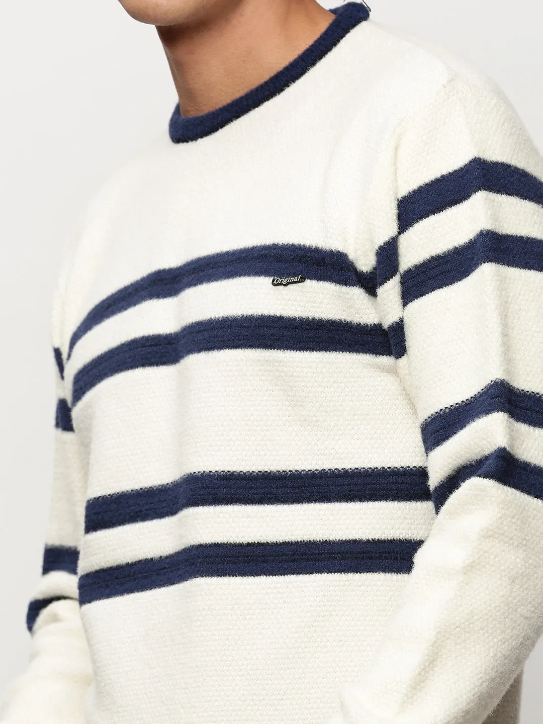 Men Off White Striped Acrylic Pullover
