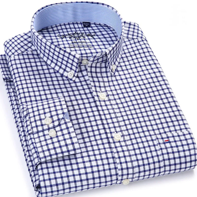 Men's Plaid Oxford Button-down Shirt Chest Long Sleeve Dress Shirts