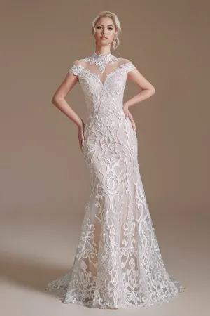 Mermaid Beach Elegant Cap Sleeves Lace Long Wedding Dresses