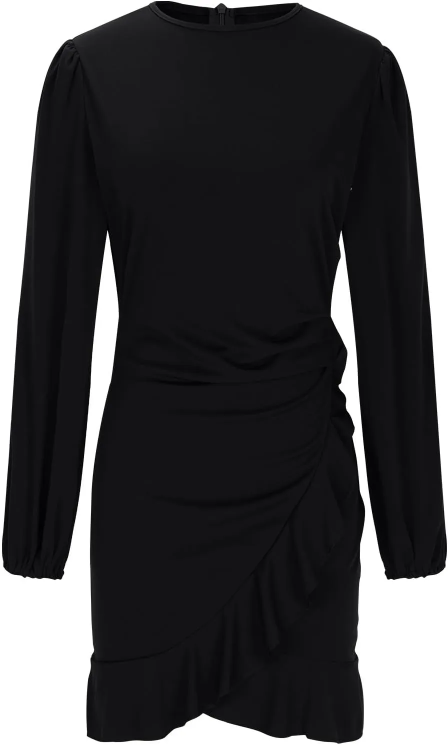 NATHGAM Women Bodycon Mini Dress Elegant Ruched Puff Sleeve Ruffle Hem Crewneck Dress Cocktail Party Work Office Pencil Dress