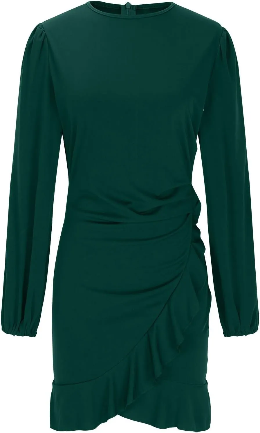 NATHGAM Women Bodycon Mini Dress Elegant Ruched Puff Sleeve Ruffle Hem Crewneck Dress Cocktail Party Work Office Pencil Dress