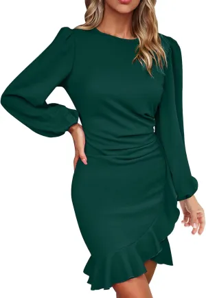 NATHGAM Women Bodycon Mini Dress Elegant Ruched Puff Sleeve Ruffle Hem Crewneck Dress Cocktail Party Work Office Pencil Dress