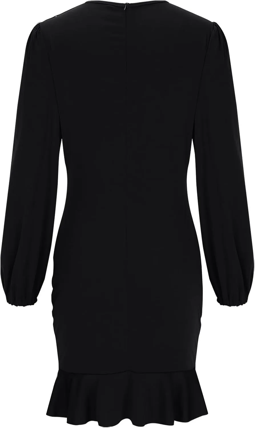 NATHGAM Women Bodycon Mini Dress Elegant Ruched Puff Sleeve Ruffle Hem Crewneck Dress Cocktail Party Work Office Pencil Dress