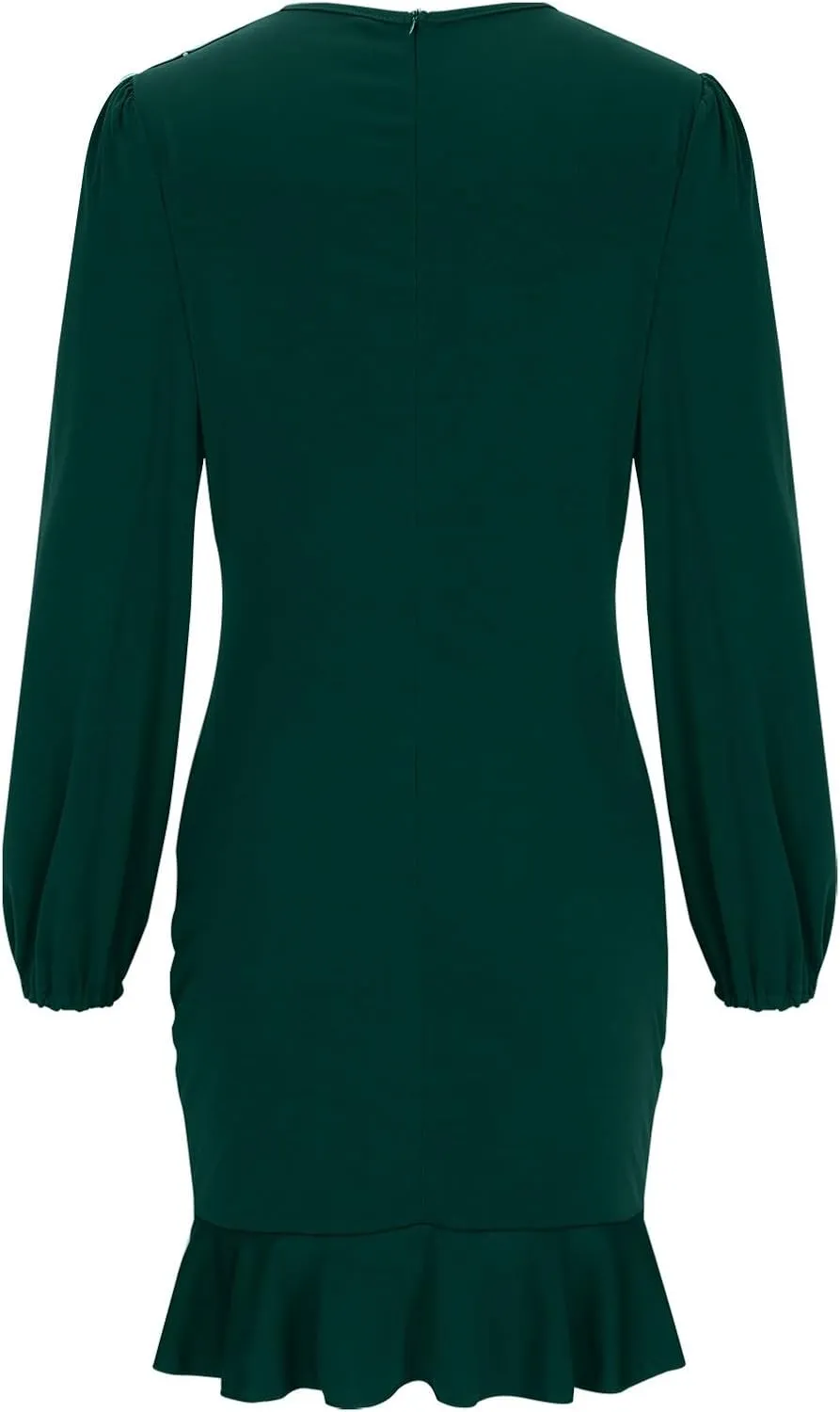 NATHGAM Women Bodycon Mini Dress Elegant Ruched Puff Sleeve Ruffle Hem Crewneck Dress Cocktail Party Work Office Pencil Dress