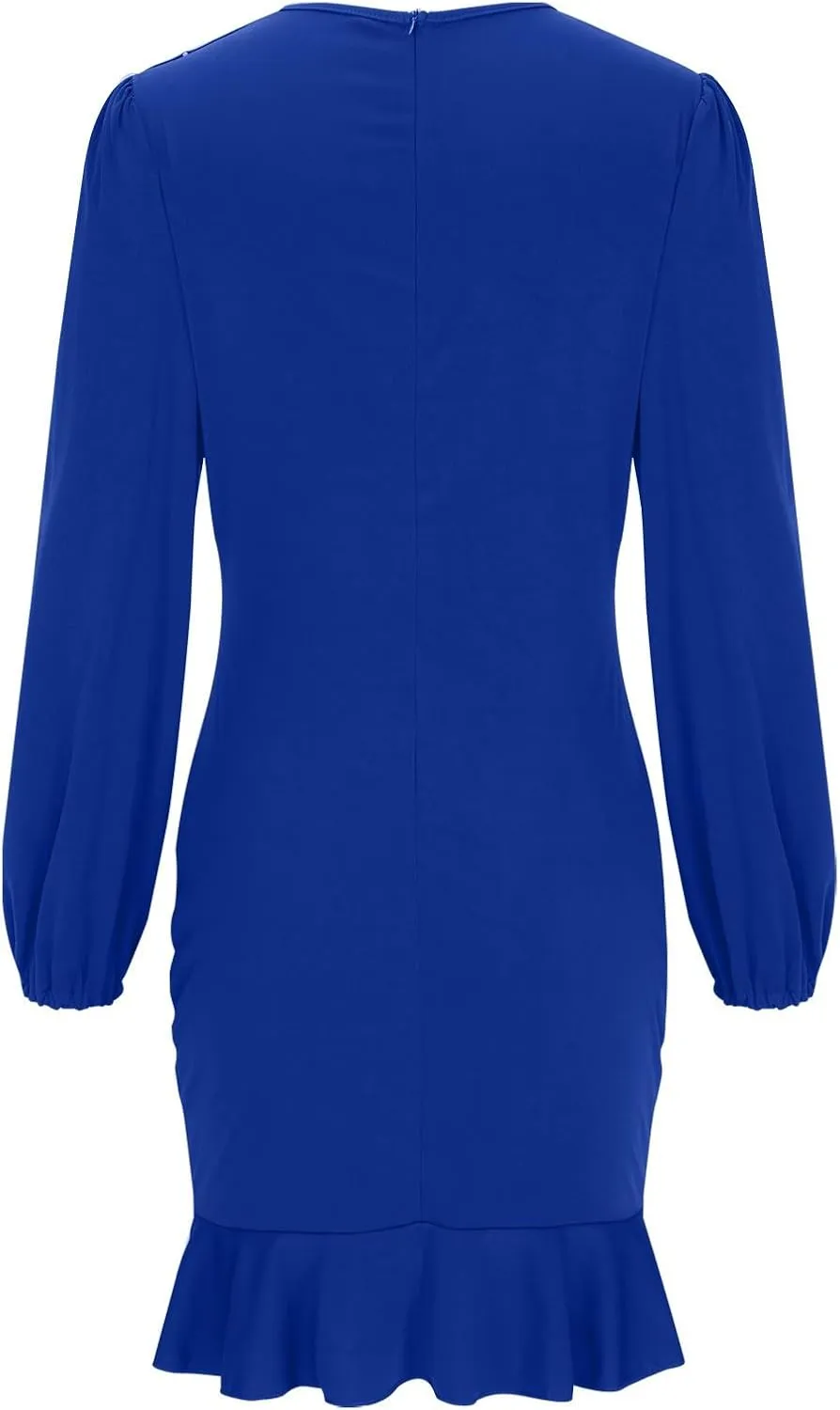 NATHGAM Women Bodycon Mini Dress Elegant Ruched Puff Sleeve Ruffle Hem Crewneck Dress Cocktail Party Work Office Pencil Dress