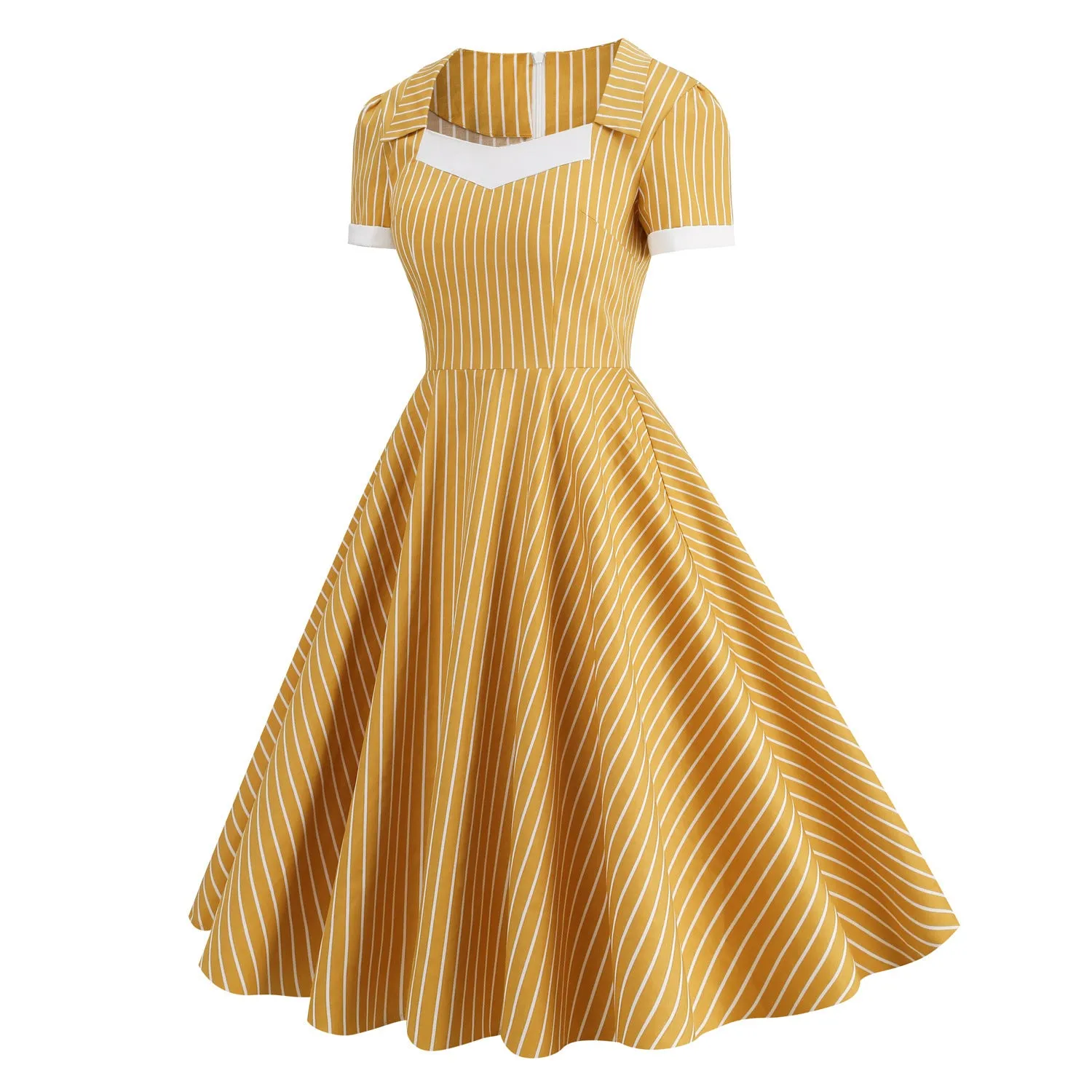 Navy Stripes Contrasting Colour Stripes Dresses V-Neck Lapel Short Sleeve Elegant  Dress