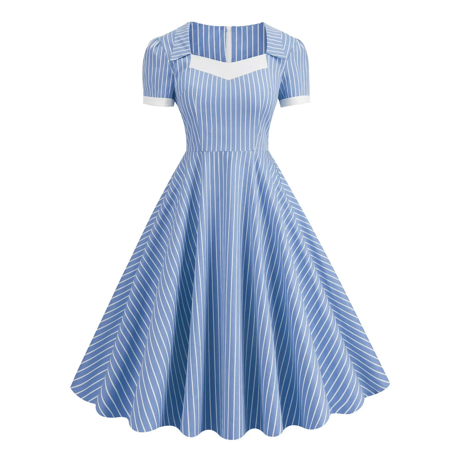 Navy Stripes Contrasting Colour Stripes Dresses V-Neck Lapel Short Sleeve Elegant  Dress