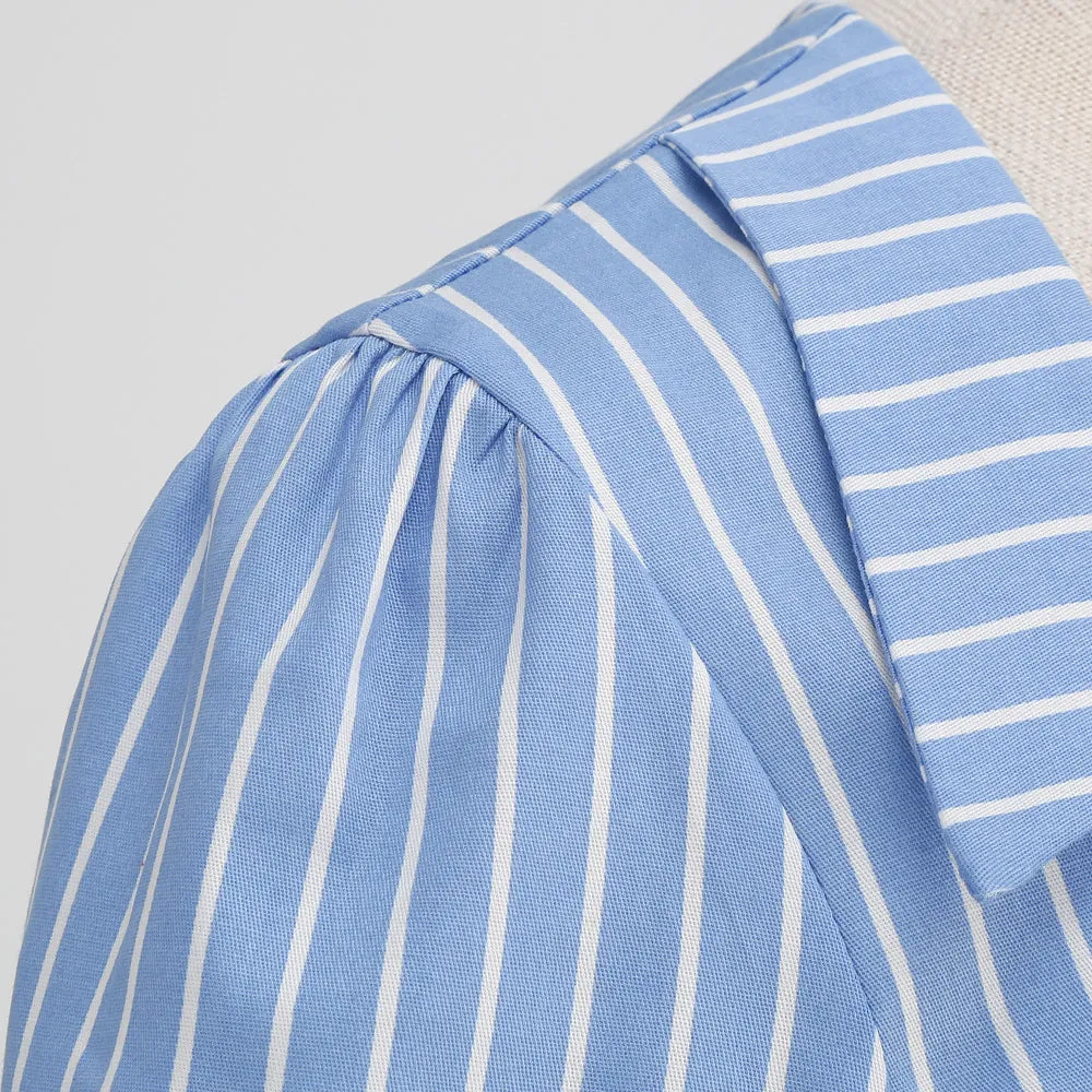 Navy Stripes Contrasting Colour Stripes Dresses V-Neck Lapel Short Sleeve Elegant  Dress