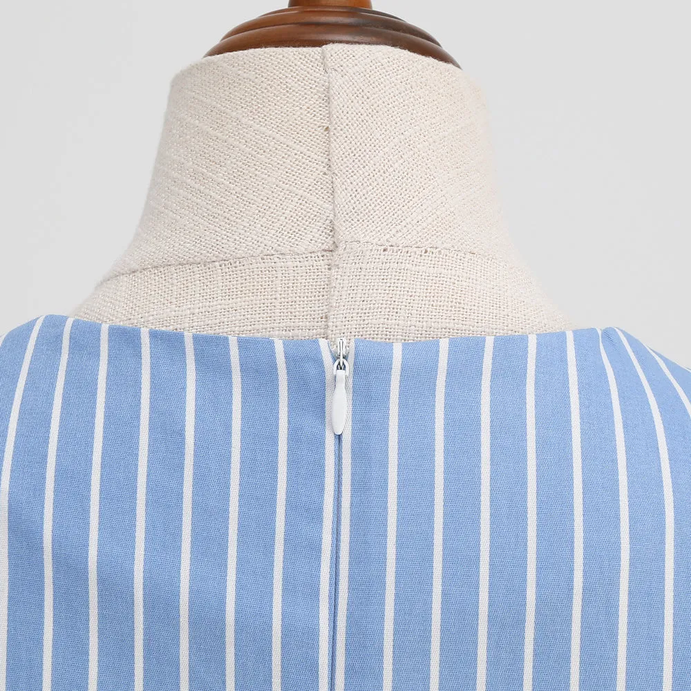 Navy Stripes Contrasting Colour Stripes Dresses V-Neck Lapel Short Sleeve Elegant  Dress